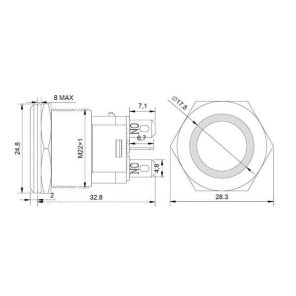 Botão Náutico Momentâneo Off Inox LED Azul 22mm 12-24v - Imagem 2
